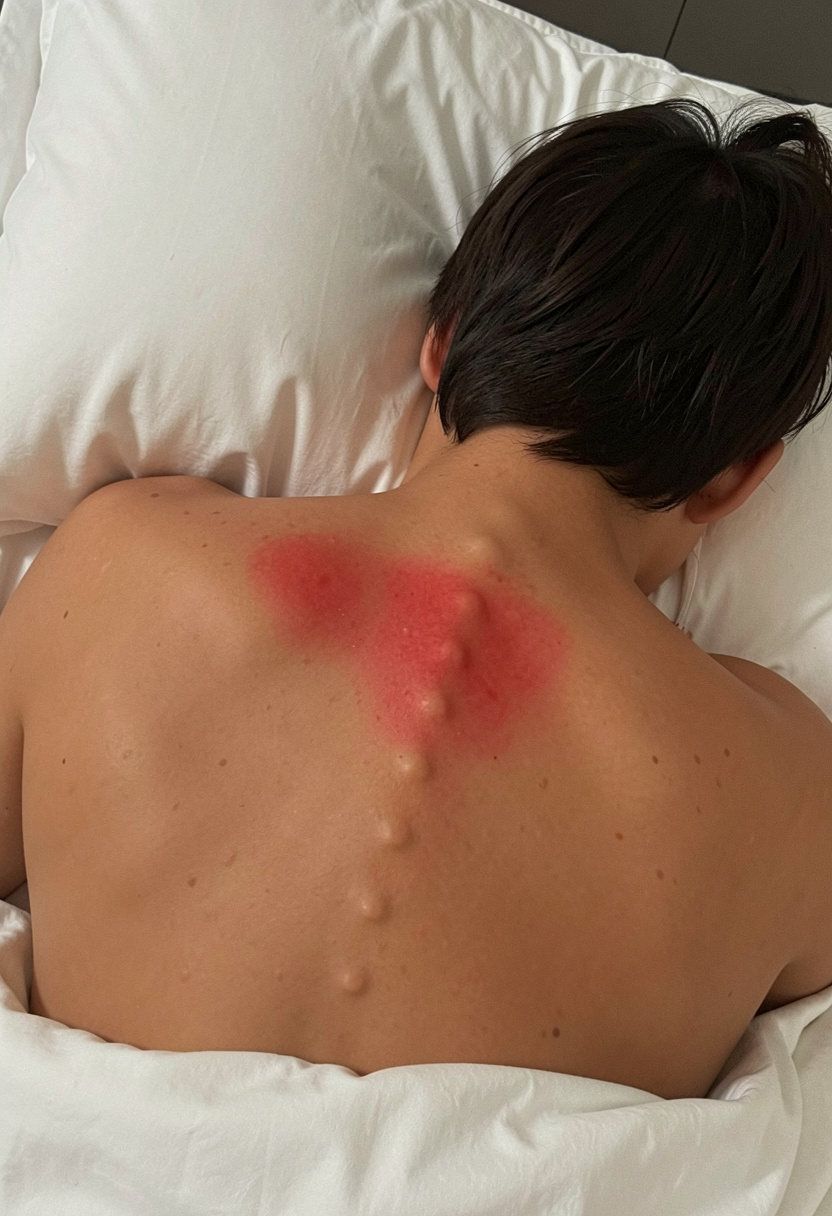Person sleeping on back with pillow support, red area on shoulder blade, visible spine alignment
